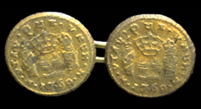 Linked copper alloy buttons with the molded pattern of a Mexico City pillar dollar coin. The lettering reads, “UTRAQUE UNUM” and “.M.1769.M.” - click on image for larger view.